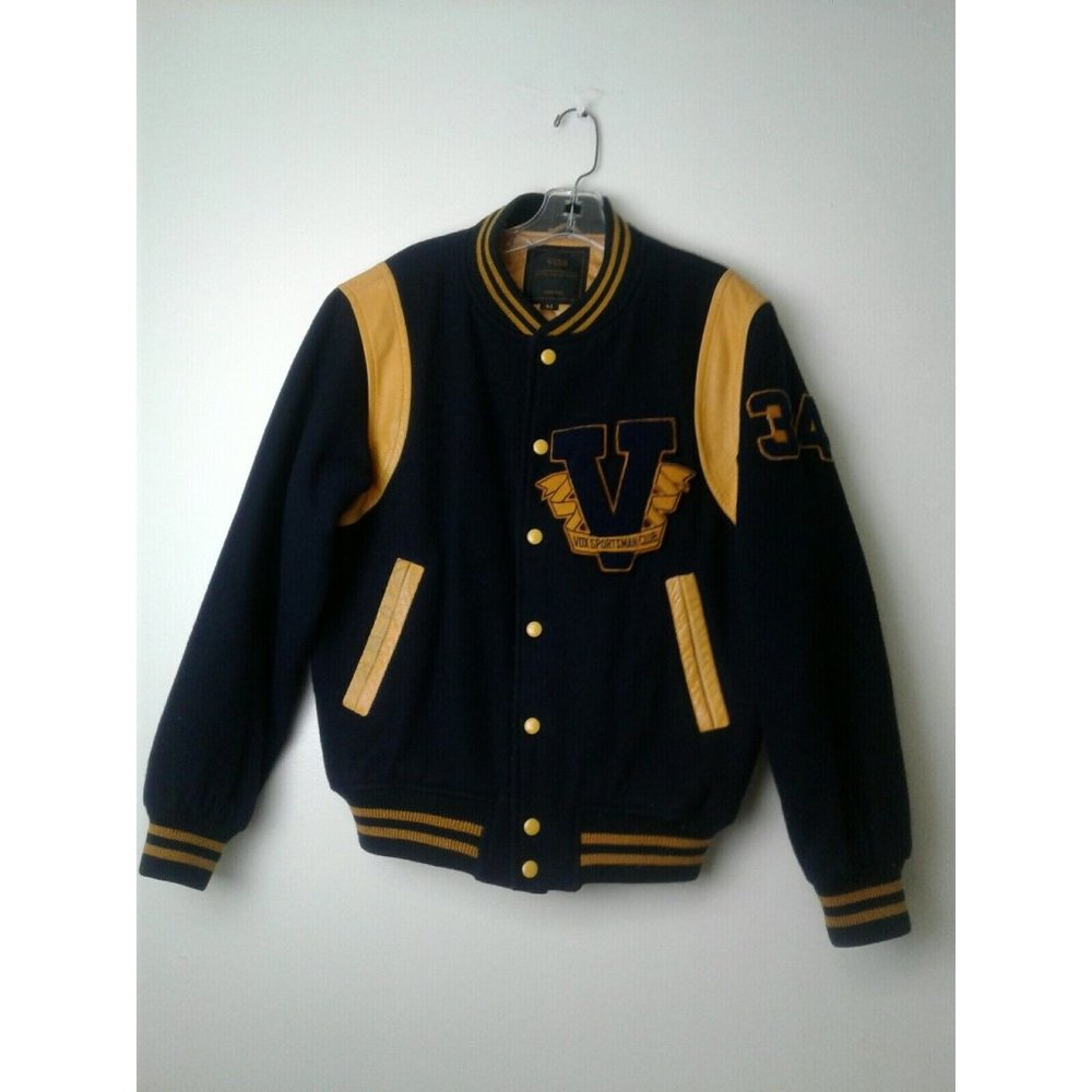 Rare Wool Vintage VOX Sportsman Club Varsity jacket Coat Navy Yellow Med Leather